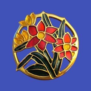 Vintage 1970s Fairycore Floral Cloisonne  Round Brooch